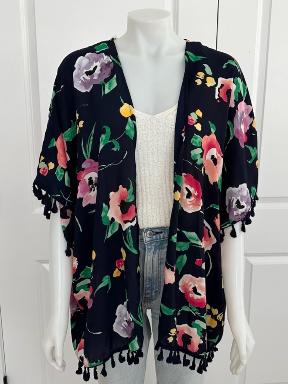 Floral Kimono Cardigan With Tassel Trim- Beach Coverup / Tropical Vacation